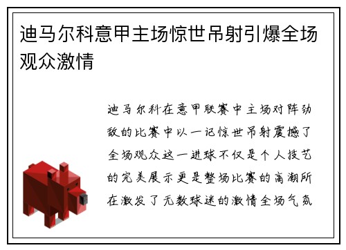 迪马尔科意甲主场惊世吊射引爆全场观众激情